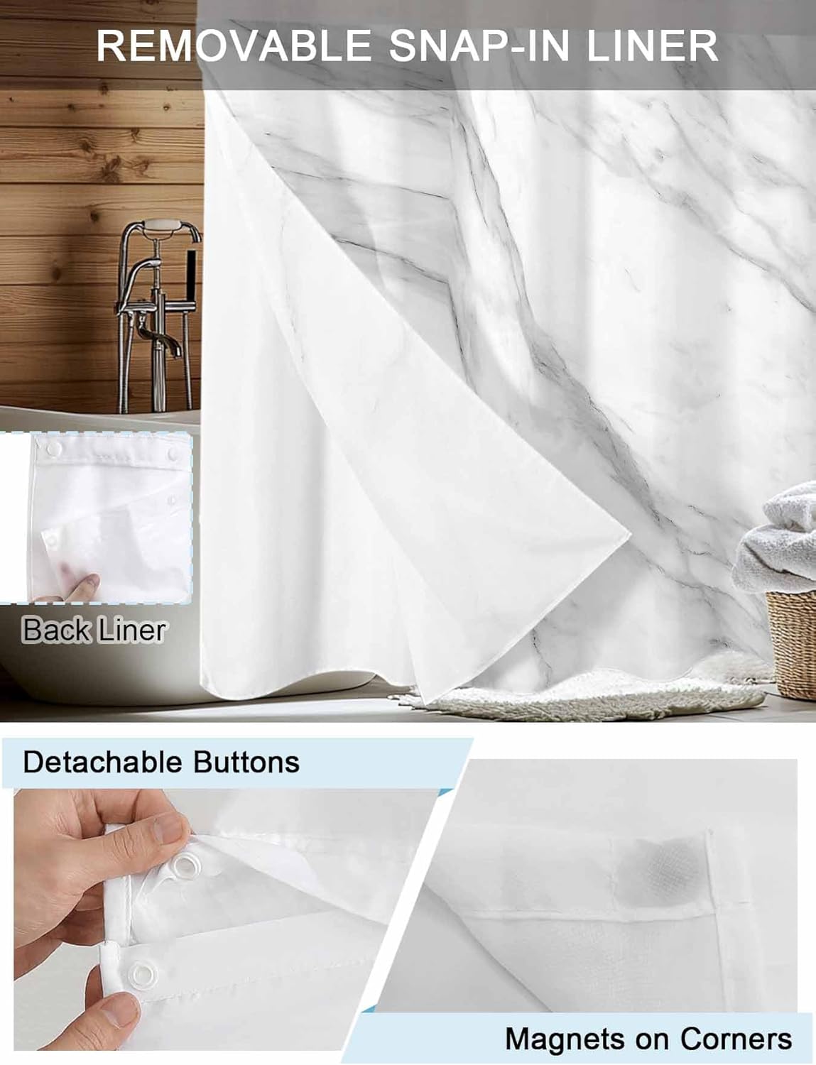 Marble No Hook Shower Curtain with Snap in Liner Set, Modern Grey White Rock Monochrome Simple Waterproof & Washable Fabric, See Through Mesh Top Window Bath Curtain for Bathroom Bathtub Hotel 48"x72"