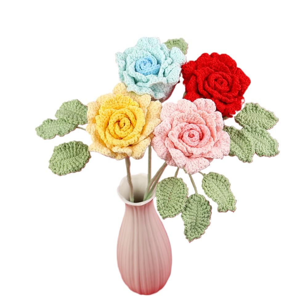 MAIKAILE Handmade Crochet Rose Stems Artificial Flower Home Decor Gift
