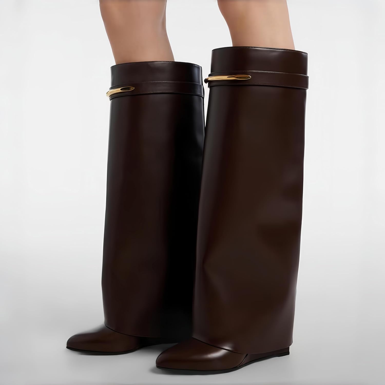 Women’s Shark Boots Knee High, Wedge Boots for Women with Fold-Over Long Shaft, Pull-on Wide Calf Fashion Leather Tall Boots