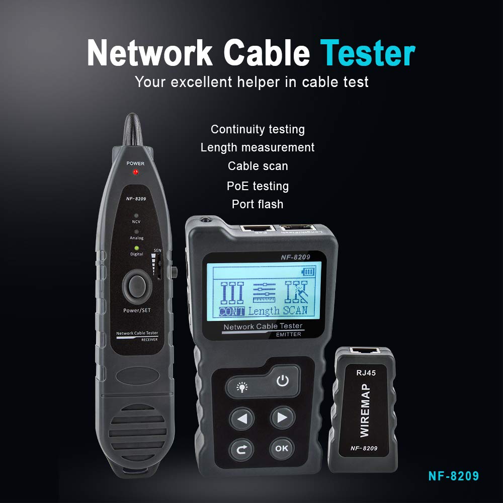 Network Cable Tester NF-8209 Wire Tracker Network Tool Scan Cable Wiremap Tester CAT5 CAT6 Cable Length Measurement, PoE Testing, NCV Function