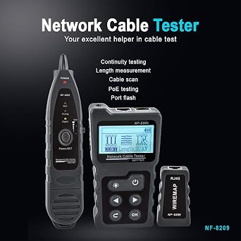 Network Cable Tester NF-8209 Wire Tracker Network Tool Scan Cable Wiremap Tester CAT5 CAT6 Cable Length Measurement, PoE Testing, NCV Function