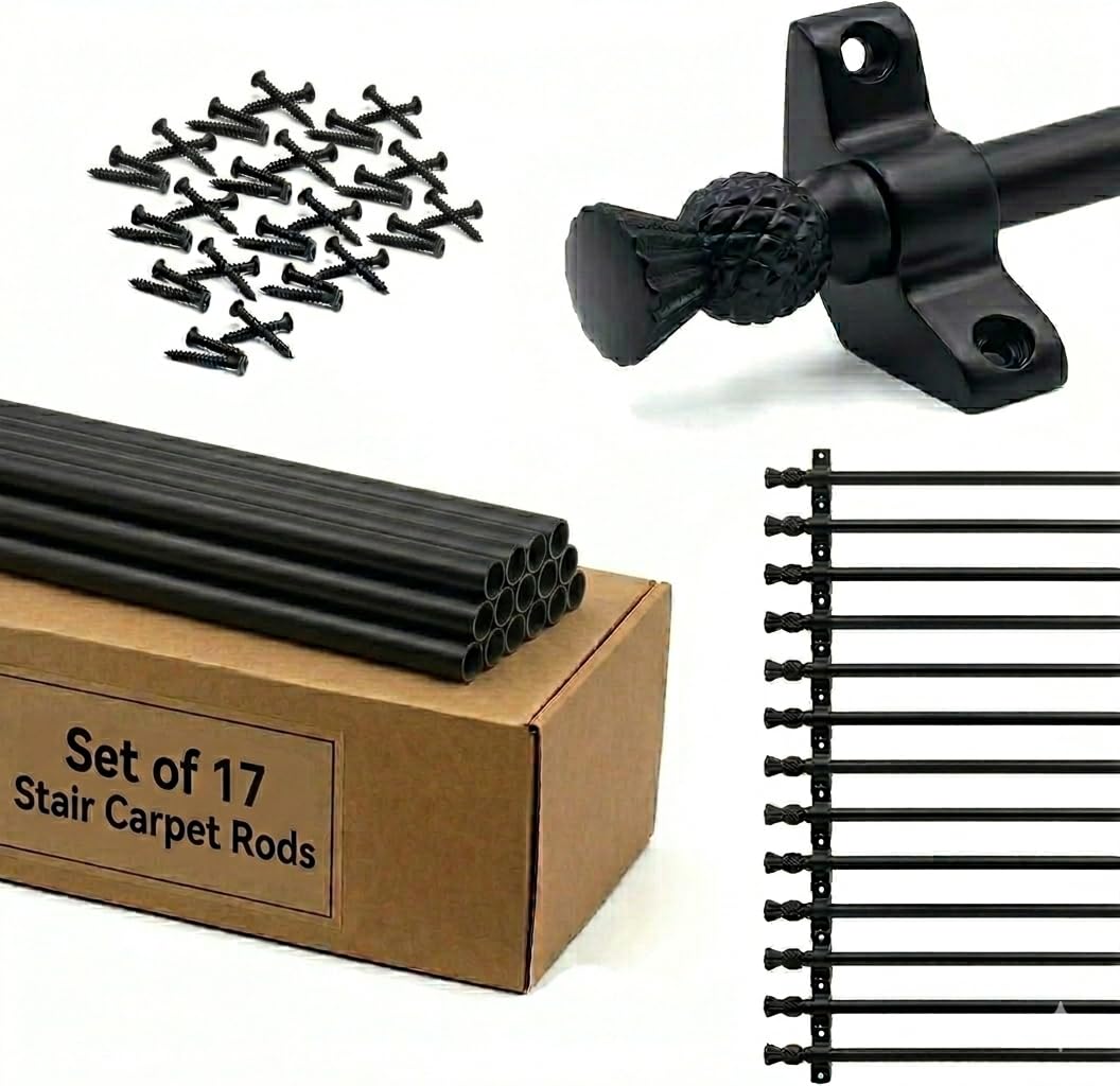 Set of 17 Stair Carpet Rods, 70cm, Wrought Iron, Thistle Finials