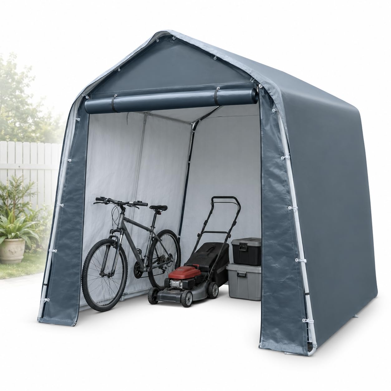Cobertizo para herramientas, 240 x 240 x 240 cm, resistente al agua y protección UV, lona de polietileno con puerta con cremallera, tienda de almacenamiento para bicicletas, herramientas de jardín y