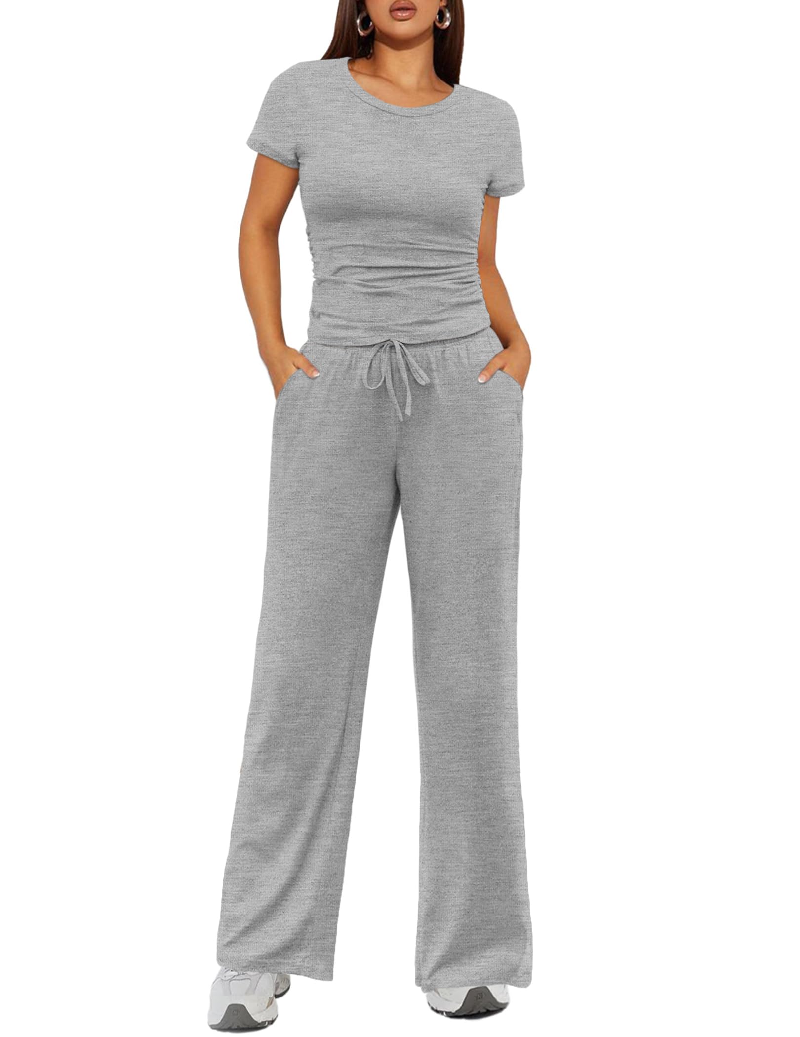 Ekouaer Women's 2 Piece Lounge Sets Ruched Short Sleeve Top and Wide Leg Pants Loungewear Tracksuit Sets with Pockets