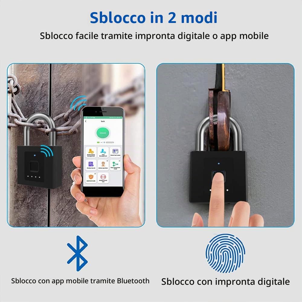 eLinkSmart Lucchetto con cuscinetto apribile tramite impronte digitali o app, Keyless Big Lucchetto pesante, per sbloccare il set di dati, impermeabile, antifurto, indicatore di batteria, USB