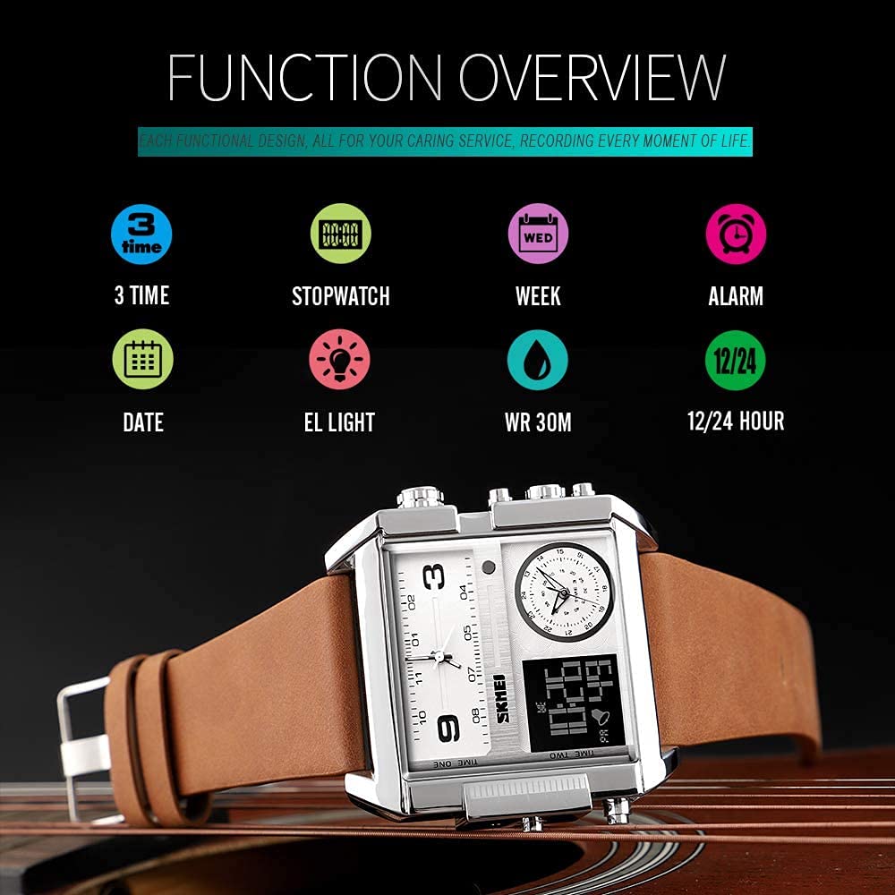 SKMEI Reloj Deportivo Digital para Hombre, retroiluminación Cuadrada, Pantalla Grande, Zona horaria múltiple, Reloj analógico Digital Resistente al Agua para Hombre (Tamaño Grande 51 mm)