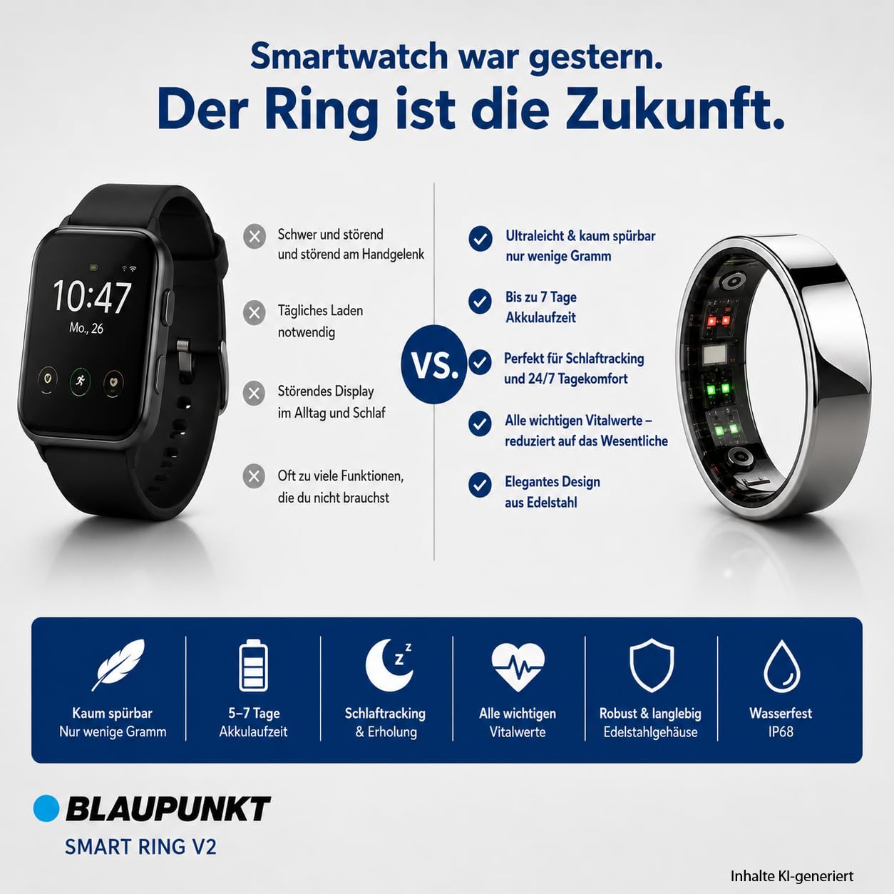 BLAUPUNKT Smart Ring V2 | kein ABO | höchster Datenschutz | Keine Cloudanmeldung | Schritte, Schlaf, Puls, Blutsauerstoff SpO2, Kalorien, HRV, Sport | IP68 | Android und iOS App | Silber | Größe 10