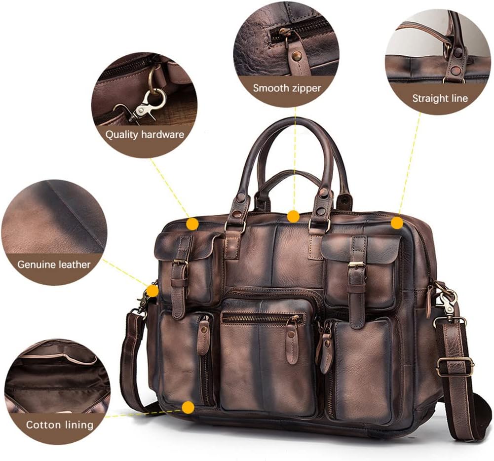 Haitpant Men Real Leather Vintage Large Capacity Travel Briefcase Business 15.6" Laptop Case Attache Messenger Bag