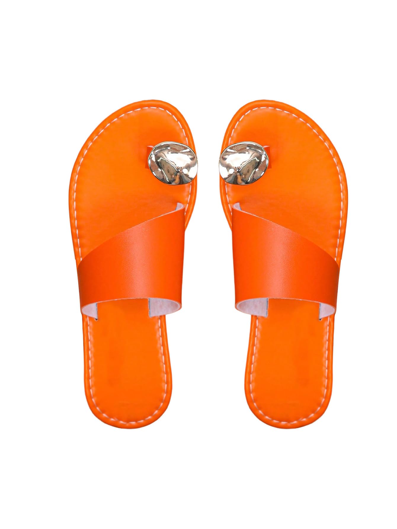 GORGLITTER Women's Rhinestone Toe Ring Flats Sandals Dressy Leather Slip On Slides Summer Vacation Beach Sandal