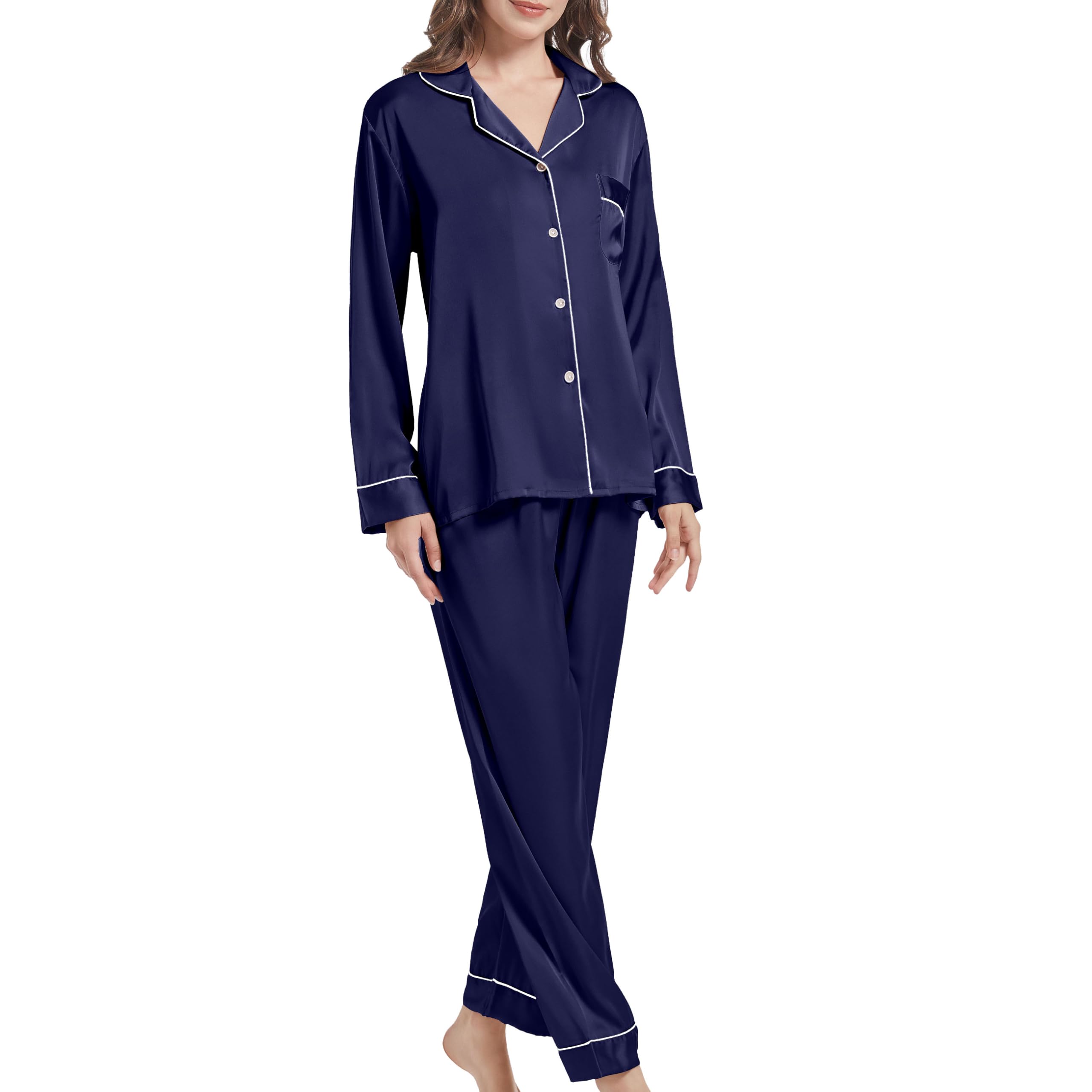 JCQIGOA Seta Donna Pigiama a Maniche Lunghe Set Pigiama Donna Lungo Set Pezzi Loungewear Pigiama da Notte Lungo Pigiama da Notte