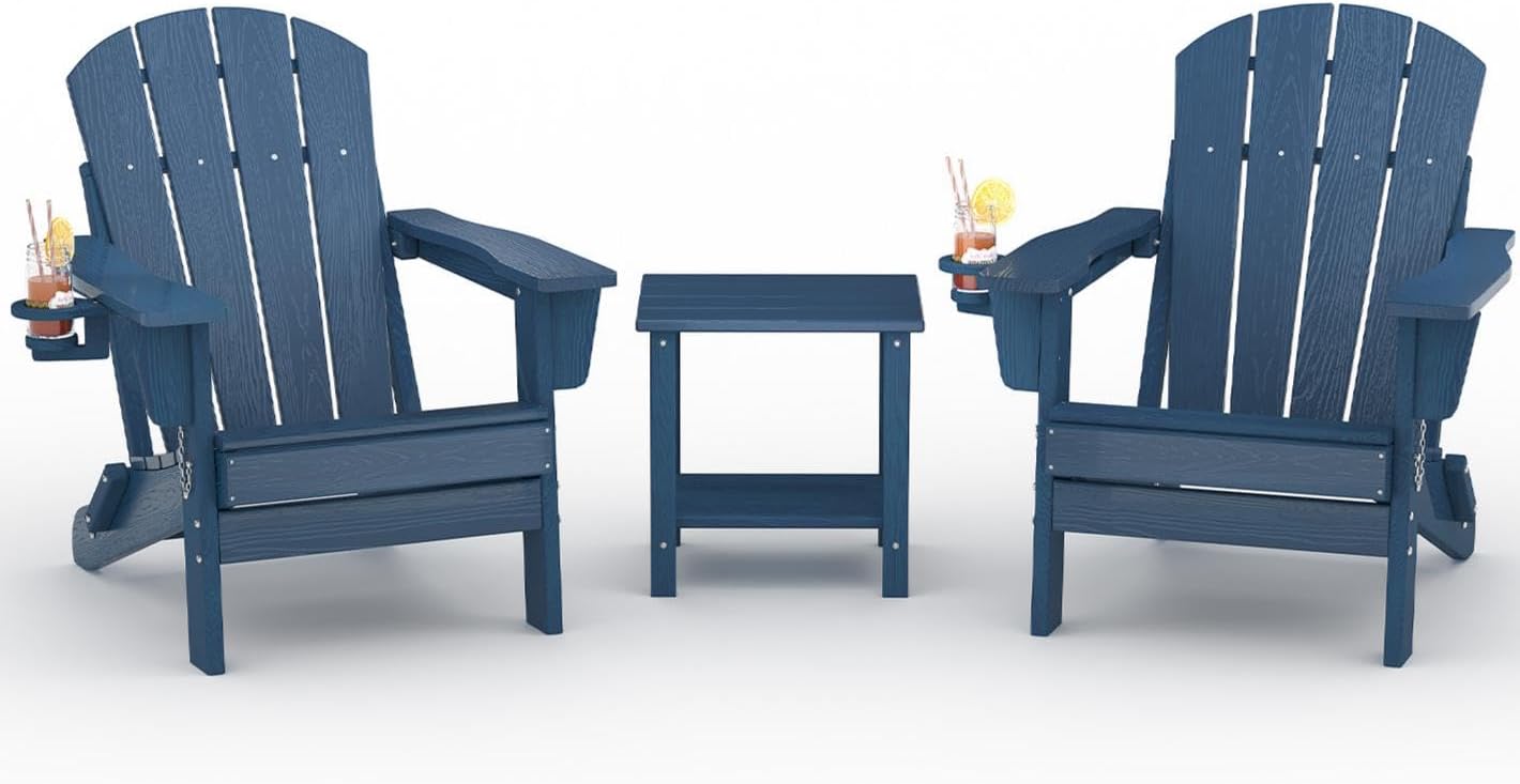 GarveeLife Folding Adirondack Chairs Set of 2 with Side Table - HDPE All-Weather Wood Grain, Navy Blue, 380 lbs Capacity