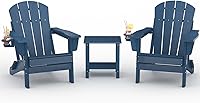 GarveeLife Folding Adirondack Chairs Set of 2 with Side Table - HDPE All-Weather Wood Grain, Navy Blue, 380 lbs Capacity