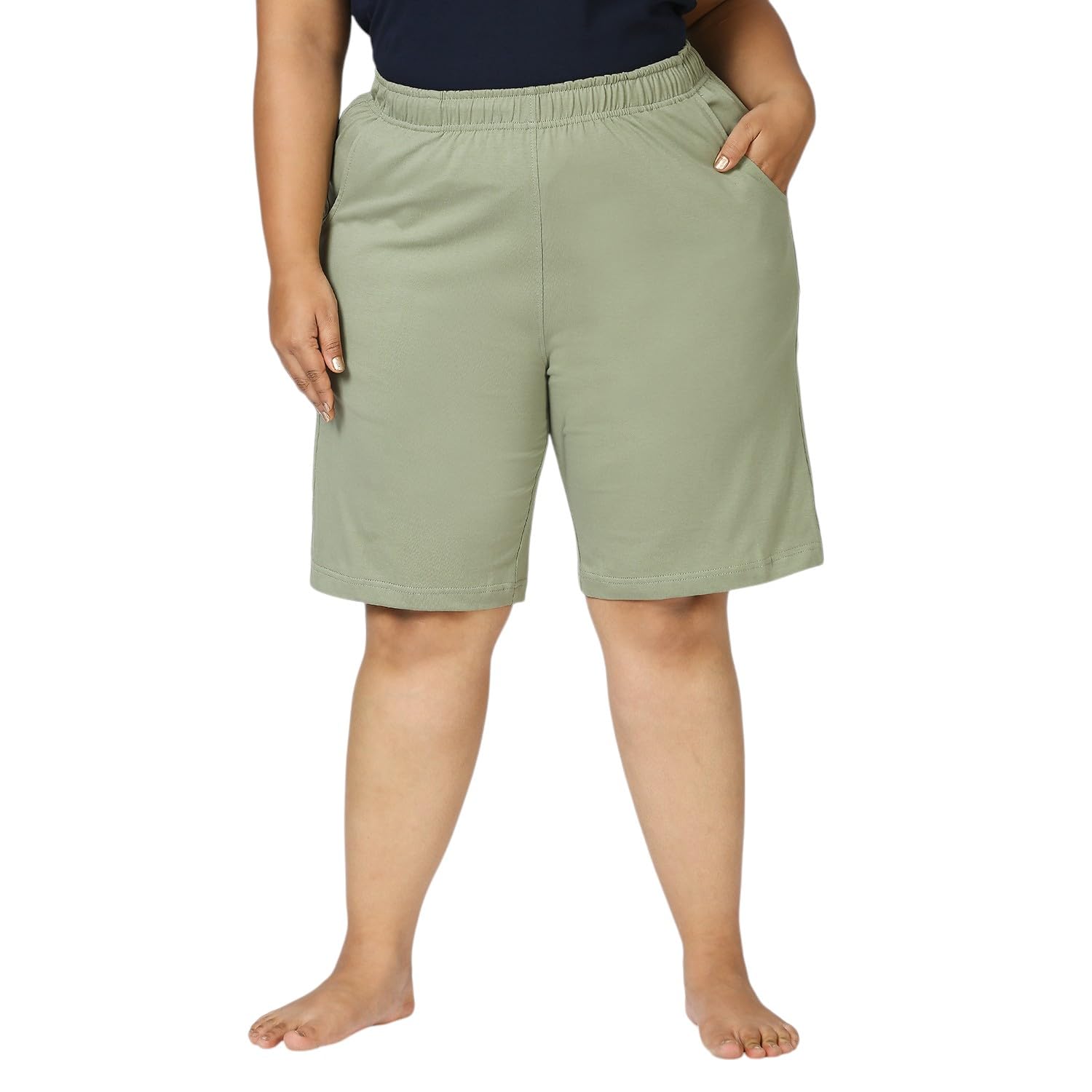 vaishvik Women Plus Size Cotton Shorts Knee Length Long Sage Green-picture-33