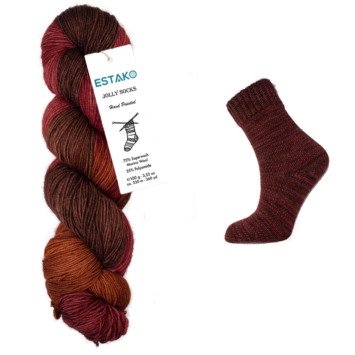 Estako Jolly Socks Hand Painted Yarn 75% Superwash Merino Wool and 25% Polyamide (Fine/Sport 2 Weight) / 3.52 Oz - 100 gr / 360 Yard - 330 mt (7268 -