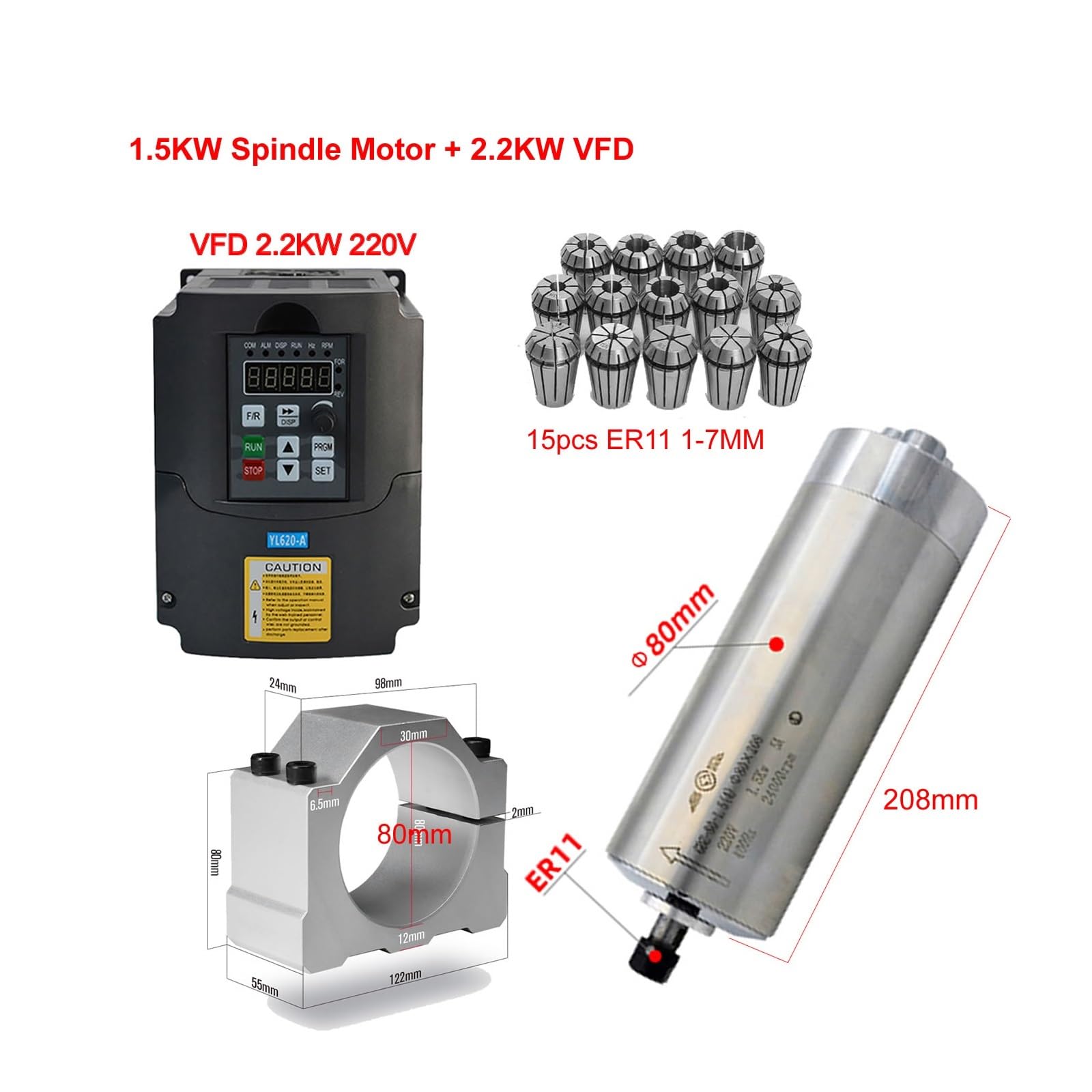 Zestaw silnika wrzeciona CNC CNC 2.2KW 1.5KW przetwornica częstotliwości VFD o zmiennej 800W 1500W 2200W silnik wrzeciona ER11 ER20 uchwyt(VFD 2.2KW-1.5KW Moto)