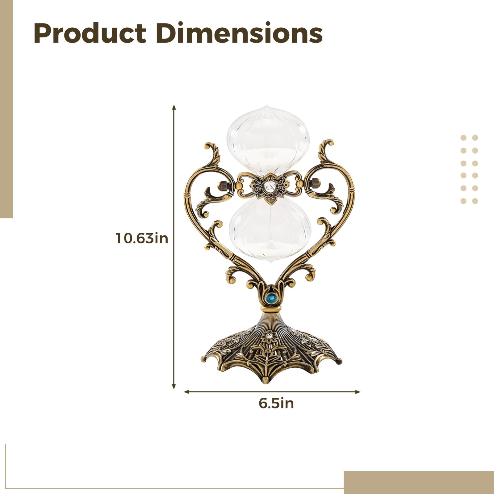Timer piaskowy w kształcie klepsydry, 60-minutowy timer w kształcie serca z białym piaskiem, antyczna metalowa rama z brązu, 10.6 x 6.5 in / 27 x 16,5 cm, dekoracyjny mosiężny zegarek z piaskiem do