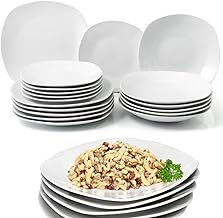 Shally Dogan 18-Piece Porcelain Dinner Set for 6 People, Set Consisting of 6 x Dinner Plates, 6 x Base, 6 x Dessert and Fruit, Modern Smooth Design (Square White)