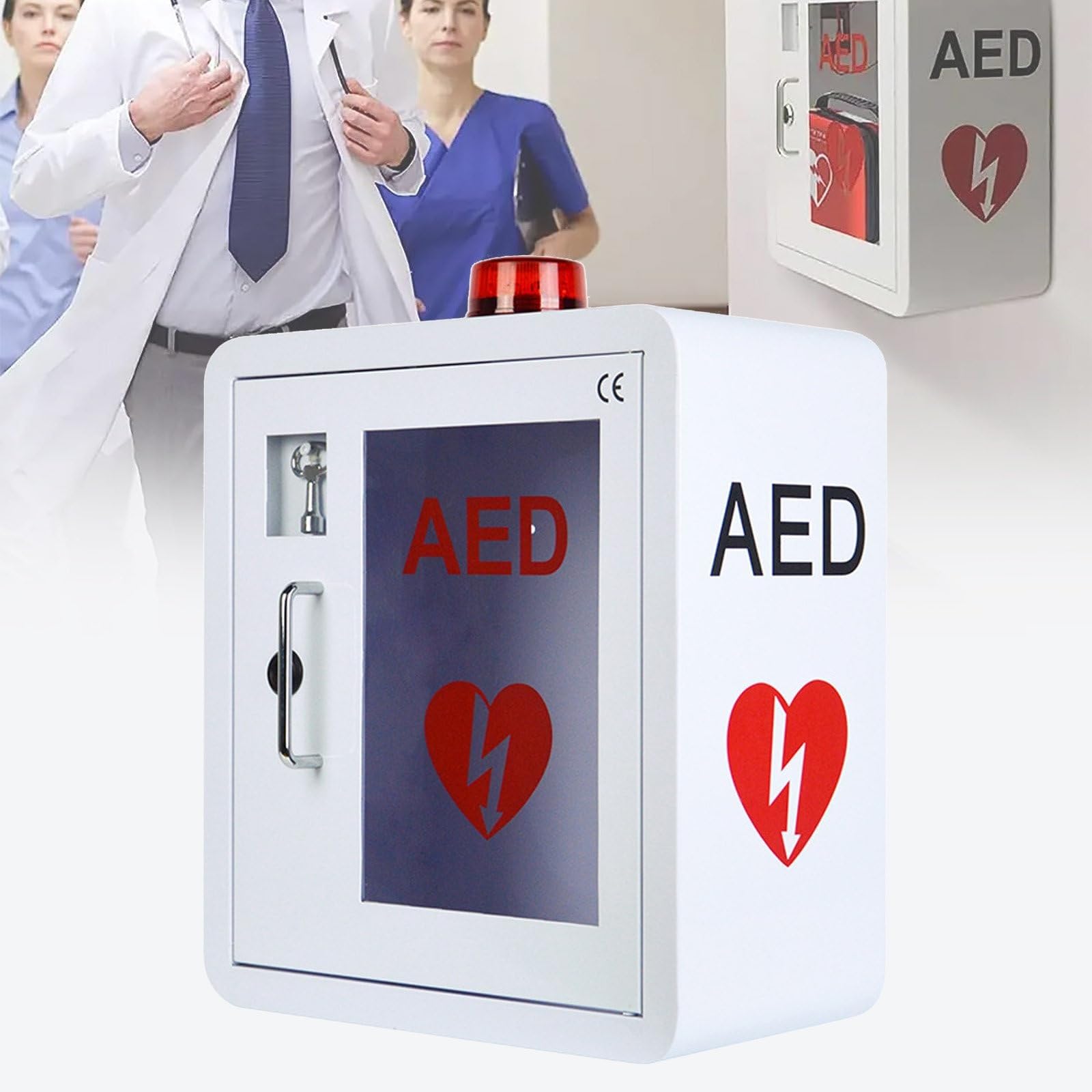 Erste-Hilfe-Defibrillatoren AED-Defibrillatorschrank, An Der Wand Montierter Erste-Hilfe-Aufbewahrungsschrank, Metallstahlplatte Mit Schlüssel Und Schnappverschluss 36 X 20 X 40 Cm