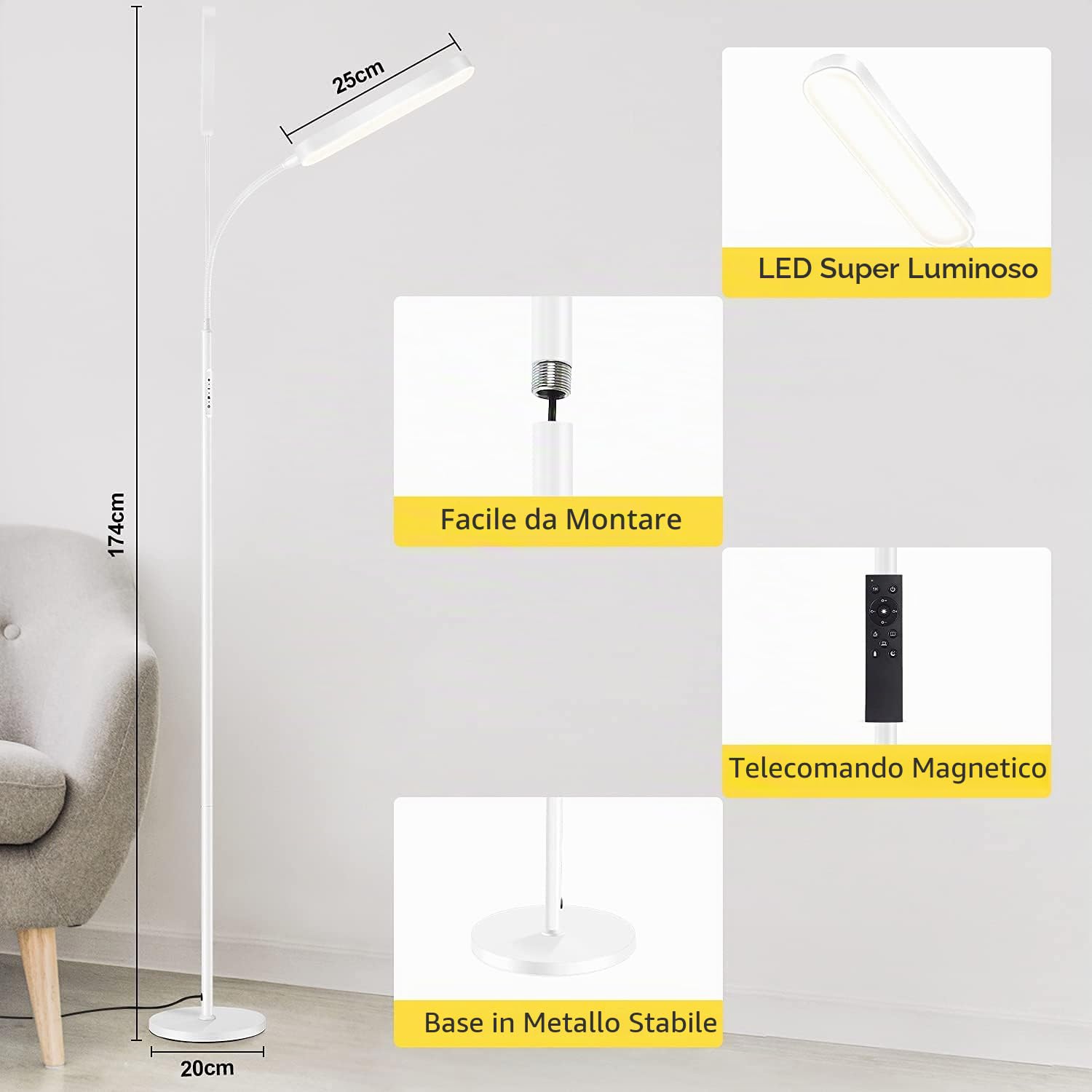 OUTON Lampada da Terra LED Dimmerabile, 12 W/1200 LM, Moderna | Lampada da Lettura Regolabile con 4 Temperature di Colore, Telecomando e Controllo Touch, illuminazione per Soggiorno, Bianco