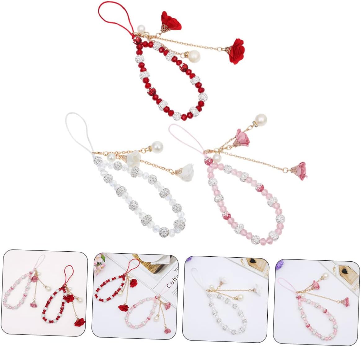 3pcs Crystal Flower Lanyard Phone Straps Beaded Phone Hanging Ropes for Electronics and Mobile Decor image 5