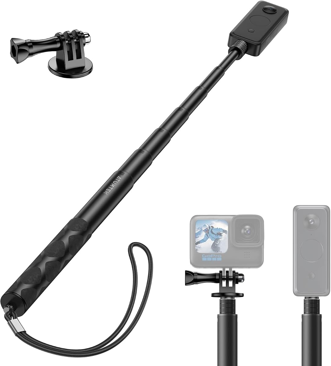 ATUMTEK 52" Invisible Selfie Stick, 1/4" Extendable Monopod Pole, Solid and Compact Design for Insta360, for GoPro, DJI, Action Cameras (Buckle Mount for GoPro & DJI and Wrist Strap Included)