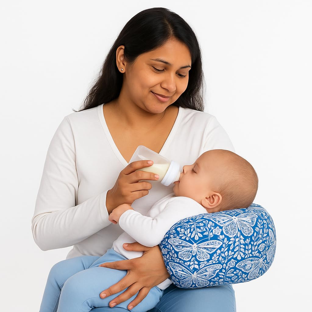 ZIKKU Arm Feeding Pillow for New Born Baby Washable, 100% Cotton Soft and Comfort Perfect for Breastfeeding & Breathable Fabric for Baby and Mom, Lightweight Feeding Pillow Floral Pattern (Blue)-picture-5