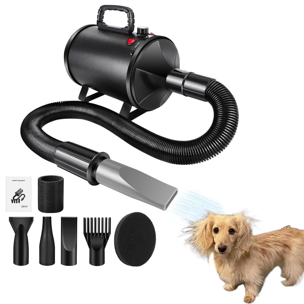 2800W Hundefön Hundetrockner Profi Haartrockner für Hunde Einstellbare Geschwindigkeit Sehr Leise Tierfön Pet Dryer Hundepflege-Trockner-Gebläse mit 4 Düsen und Schlauch Tierfön Pet Dryer Hundepflege