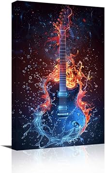 SWQYLB Guitar Canvas Wall Art Music Pictures Vintage Guitar Art Print Abstract Watercolor Musical Instrument Poster Music Studio Room Decor Framed Blue, 12.00" x 18.00"