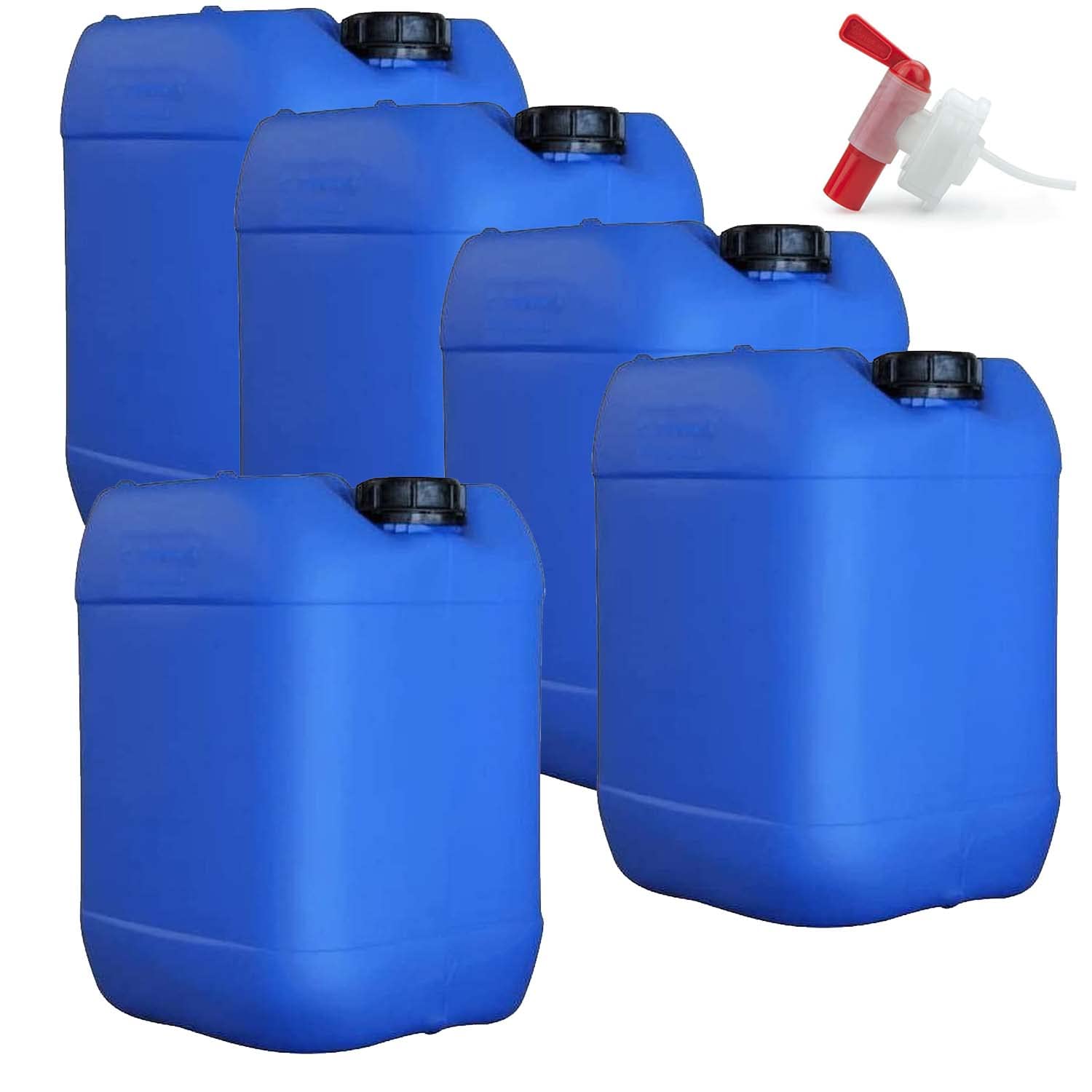 Petri 5 taniche per bevande e acqua da 30 litri, DIN 61, con 1 rubinetto di scarico, approvate dall'ONU, per alimenti, senza BPA, per gastronomia, campeggio, roulotte, robusta qualità tedesca (30