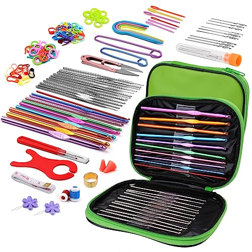 IMZAY Conjunto de 110 agulhas de crochê, kit de agulhas de crochê com estojo de armazenamento, conjunto de agulhas de crochê, agulhas de tricô ergonômicas, marcador de ponto faça você mesmo