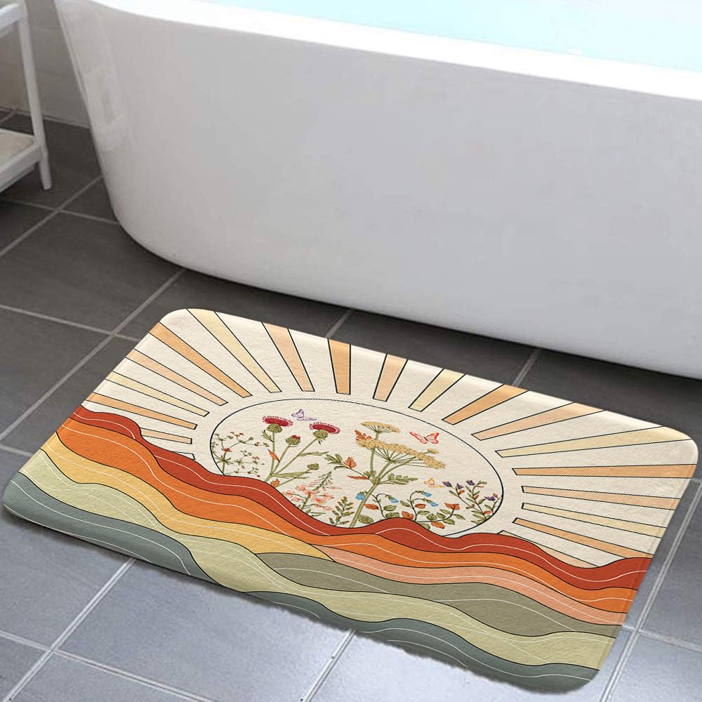 MDUKOIN Retro Boho Bath Mat,Flower and Butterfly Flannel Non Slip Mat Rug,Mountain Sun Vintage Groovy Aesthetic Hippie Kitchen Rugs Shower Bathtub