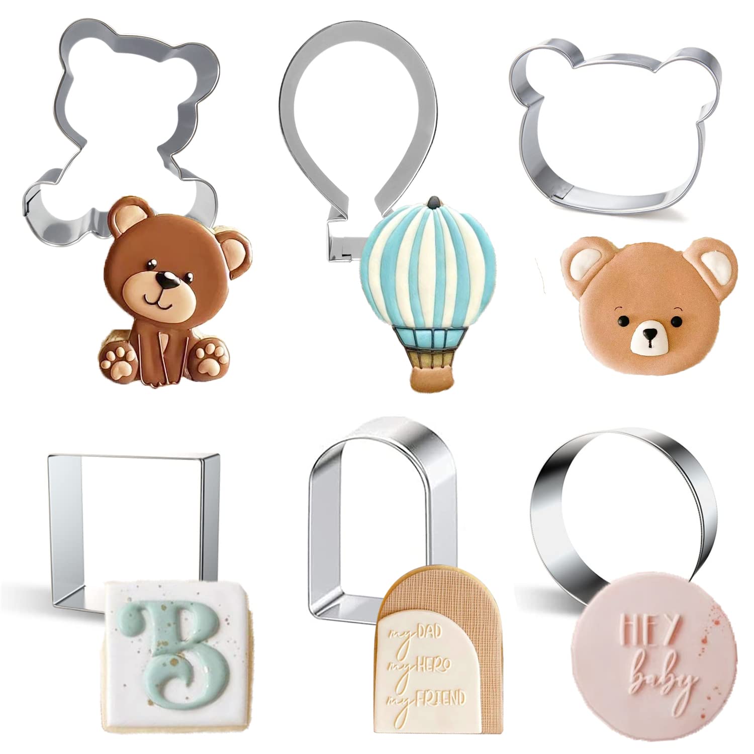 6 PCS Bear Cookie Cutters Arch Door Circle Square Hot Air Balloon Baby Shower Cookie Molds Set Geometry Stainless Steel Biscuit Cutter