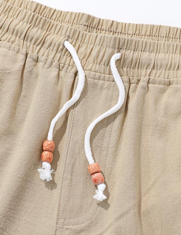 Men's Cotton Linen Shorts 9 inch Drawstring Casual Elastic Waist Summer Beach with Pockets - Image 5