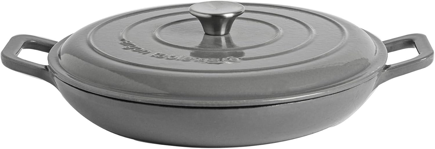 1x Slate Grey 2.3L Cast Iron Shallow Casserole Cooking Dish 2300ml Enameled Dutch Oven Self