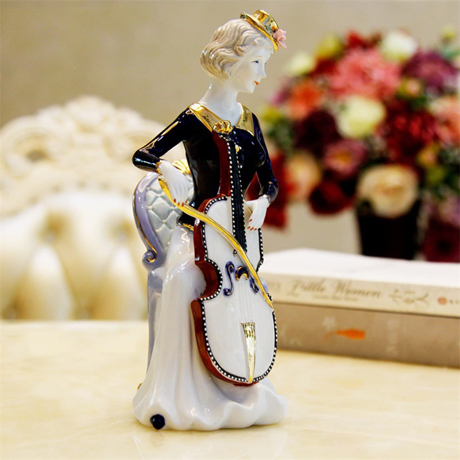 Gioca A Violino Figura Porcellana Seduta Elegante Ragazza Statua Violino Musica Scultura Domestica Desktop Ornamento per Musica Amante Regalo,Bianca