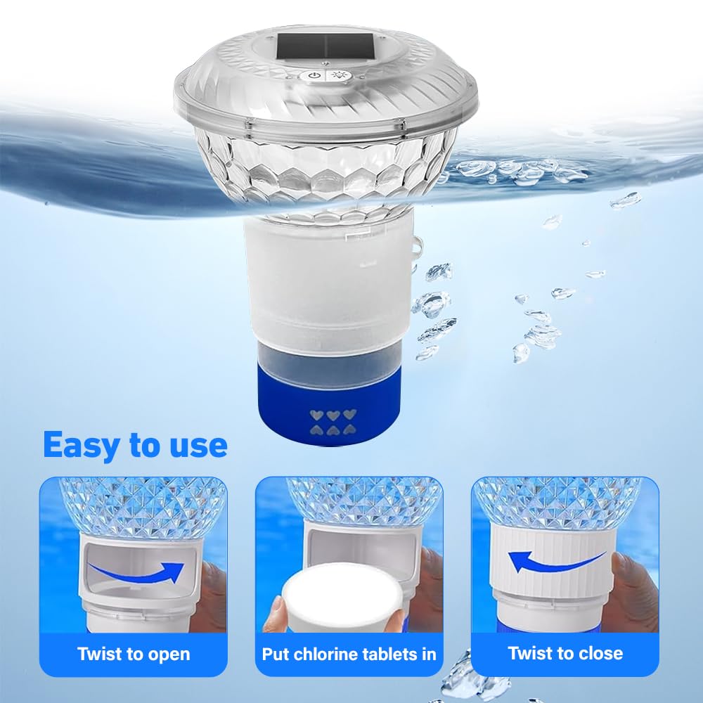 Flotador dosificador para piscina, flotante para tabletas de cloro, dosificador para piscina con iluminación LED solar, liberación ajustable y fácil apertura, luz RGB para piscina, lámpara
