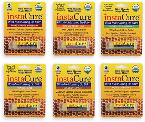 InstaCure Six Amazing USDA Certified Organic Super-Healing Lip Balm Flavors with Manuka Honey! Ingredients include Cocoa Butter & Shea Butter! Fast Relief For Cracked, Dry and Chapped Lips!