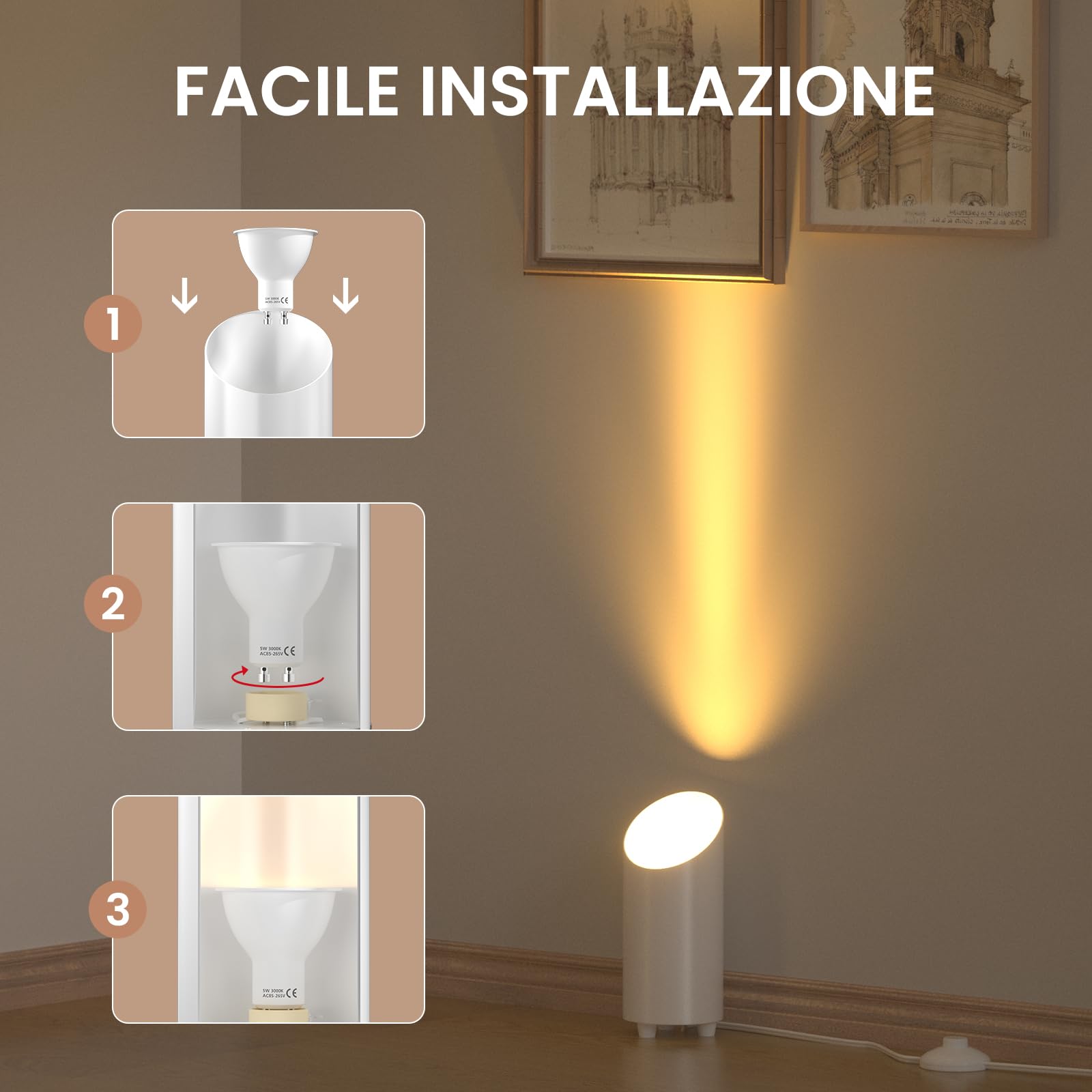 Led Uplight Spot 5W Lampada da Terra con Interruttore, Lampada da Terra per L'Illuminazione Indiretta, Lampada da Sosta Inclusa GU10 Lampada a Led Warmweiss 3000K, 2 Pezzi