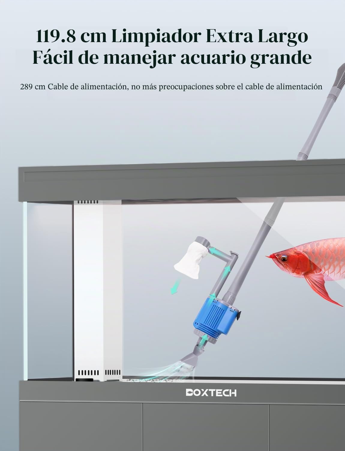 boxtech Limpiador Eléctrico para Acuarios, Sifonador Acuario con Cambios de Agua, Lavadora de Arena, Limpieza de Escombros, Filtro de Agua, Ducha de Agua, Kit de Limpieza Multifunción （28W）