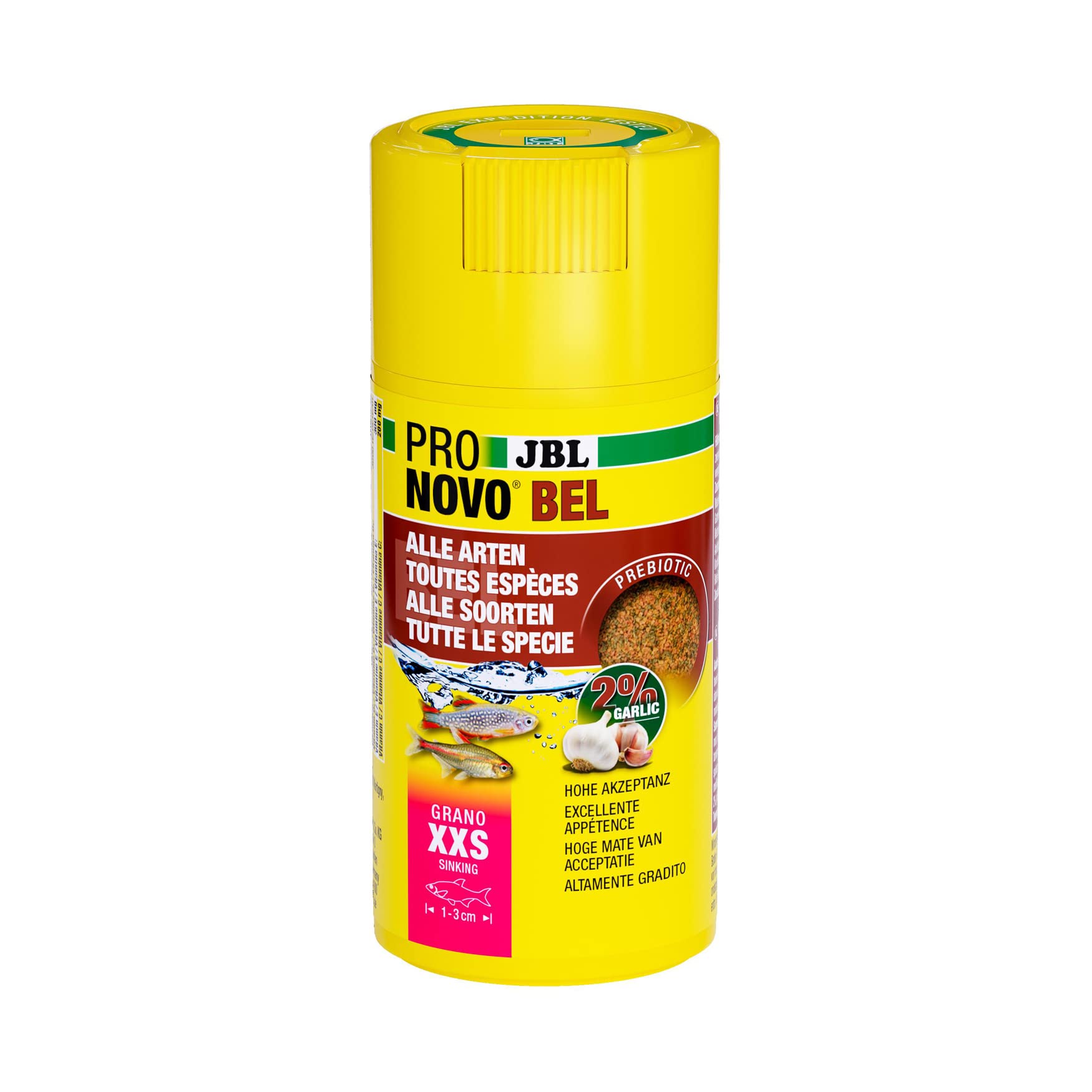 JBL PRONOVO BEL GRANO, Aliment de Base pour tous Poissons d'Aquarium de 1-3 cm, Granulés pour Poissons, Doseur à clic, taille XXS, 100 ml