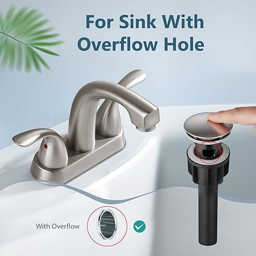 Miniatura 7 de Aolemi Grifo de baño de níquel cepillado de 4 pulgadas, grifo de fregadero de latón giratorio de 2 manijas para baño, con drenaje desplegable,