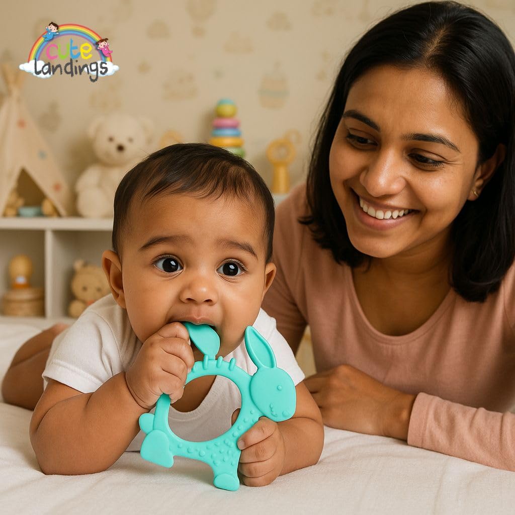 Cute Landings Silicone Teething Toy for Newborn Baby Girls & Boys | BPA-Free, Food-Grade | Gum Relief, Chewing Aid |Teether| Easy-to-Grip Essentials (3+ Months)