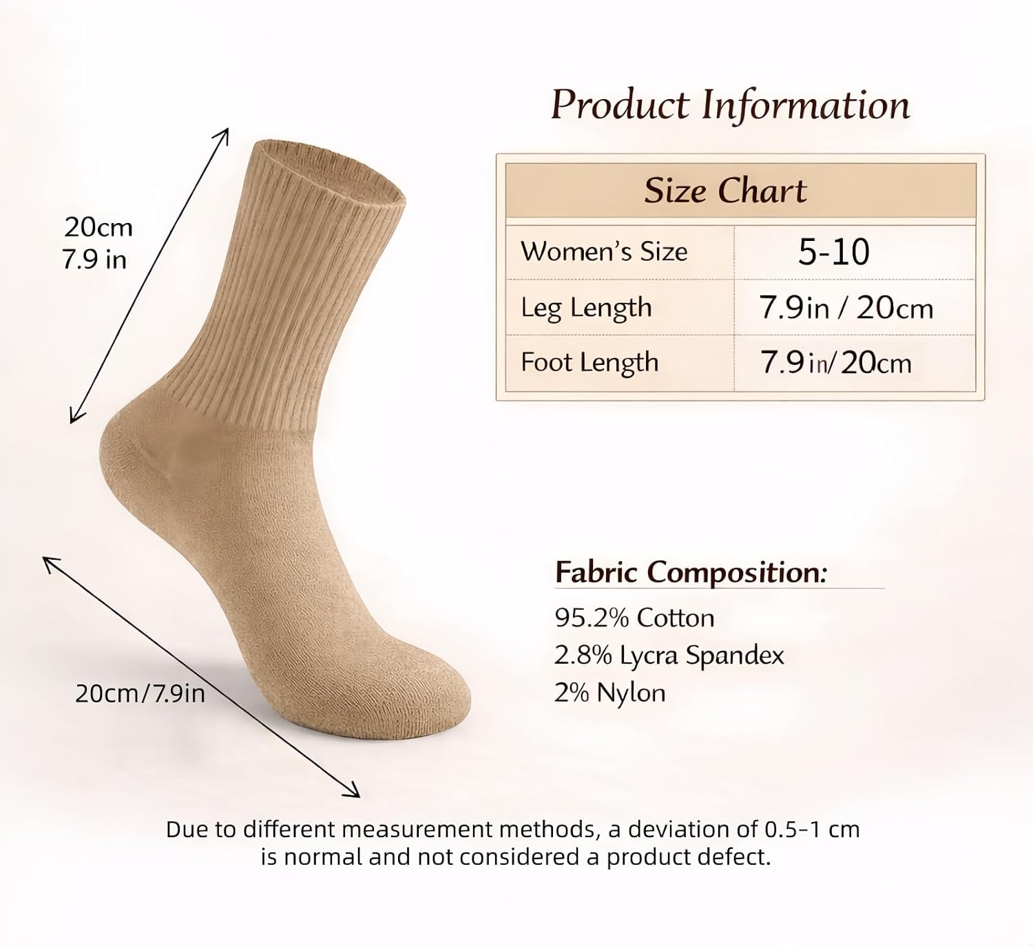 Women Lightweight Crew Socks, Soft Breathable Cotton, Hand-Linked Smooth Toe, Neutral Aesthetic Casual, Size 5-10