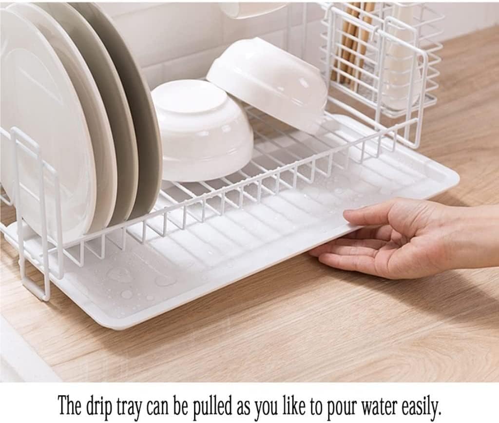 Dish Drying Rack Tableware Holder Metal Modern Dish Racks with Detachable Drainboard Utensil Holder, Cup Holder for Kitchen Counter Storage for Kitchen Drying Rack Kitchen(White)