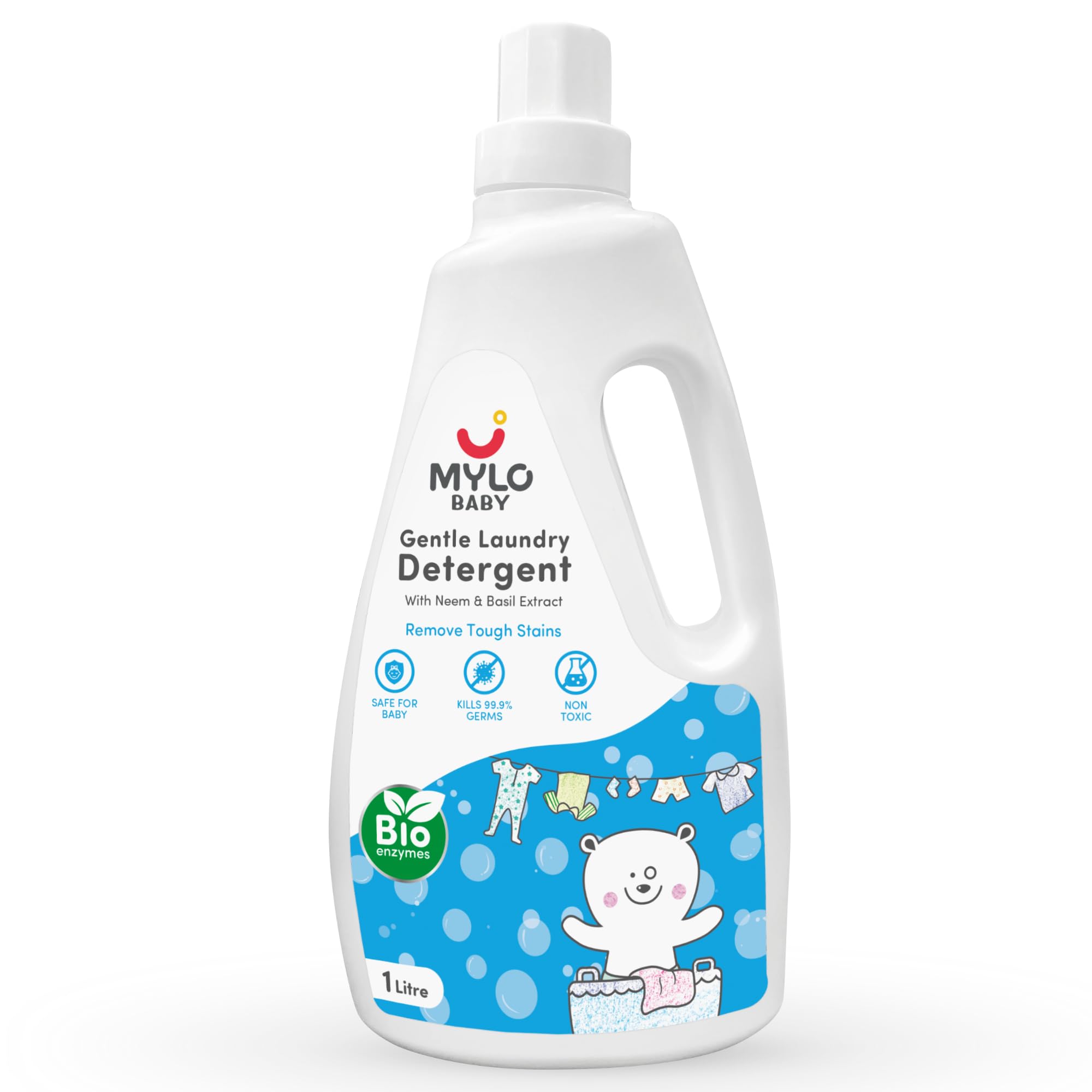 Mylo Baby Safe Laundry Liquid Detergent (1000ML- Without Dyes & Optical Brighteners) | With Bio - Enzymes and Basil, Neem extract| Anti-Bacterial, For Newborn Clothes