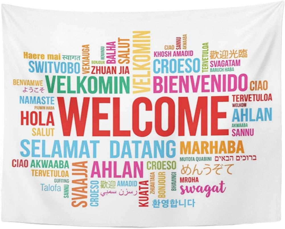TOMPOP Tapestry World Welcome Word Cloud in Different Languages Conceptual Multilingual Home Decor Wall Hanging for Living Room Bedroom Dorm 50x60 Inches