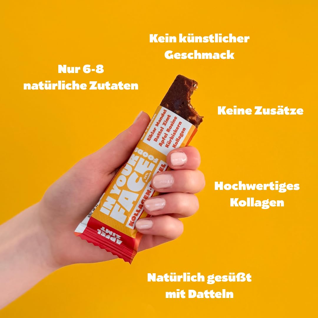 Kollagen Riegel 12er Box – Aus 100% Natürlichen Zutaten, Gesüßt Mit Datteln – Ohne Zusatz- & Süßstoffe – Gesunder Snack, Paleo & Clean Eating – 6x Schoko & 6x Apfel-Zimt – IN YOUR FACE FOODS