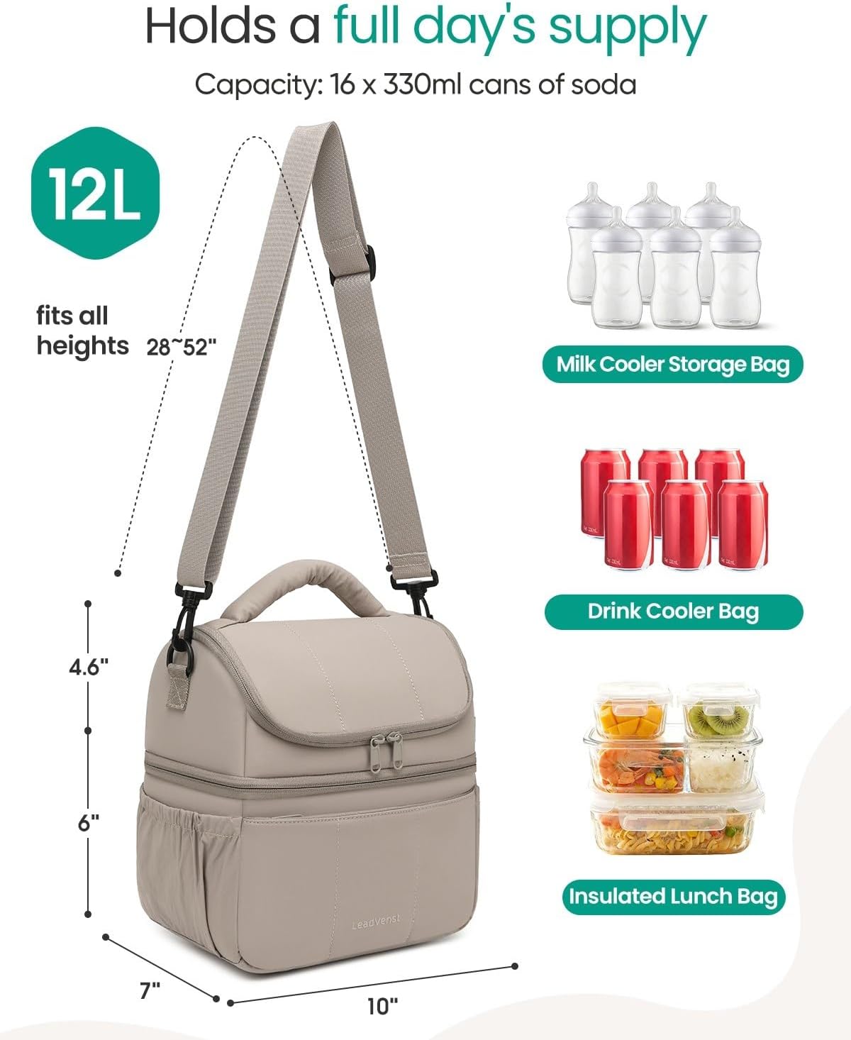 Breastmilk Cooler Bag - Large Capacity 12L & 10-Hour Insulated Bottle Cooler Bag with Detachable Divider for Tall Baby Bottles | Dual Deck Lunch Box for Women | Breast Pump Bags for Work