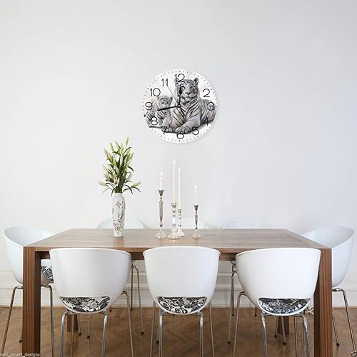 Miniatura 3 de Delerain White Tigers - Reloj de pared redondo, silencioso y sin tictac, funciona con pilas, reloj decorativo para dormitorio, cocina, hogar,