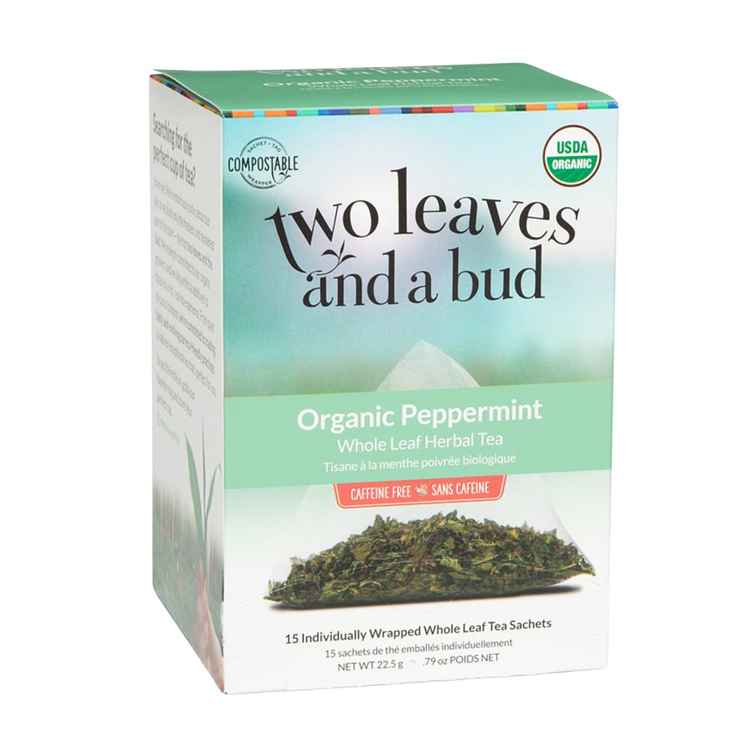 Organic Peppermint Tea Bags, Naturally Caffeine Free, Herbal Whole Leaf Peppermint Tea in Compostable Sachets, 15 Count (Pack of 1)